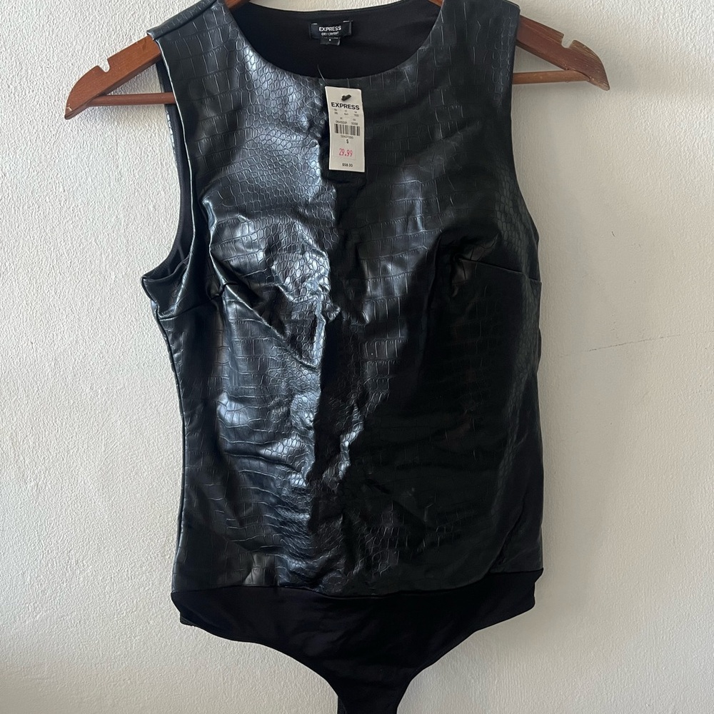 Express Black Faux-Leather Croc-Embossed Sleeveless Bodysuit